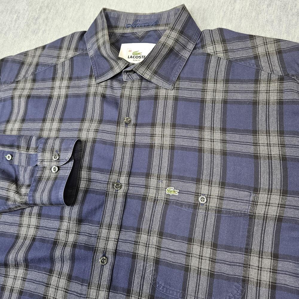 Lacoste Shirt Mens 44 Blue Gray Plaid Slim Fit Long Sleeve Button Front
